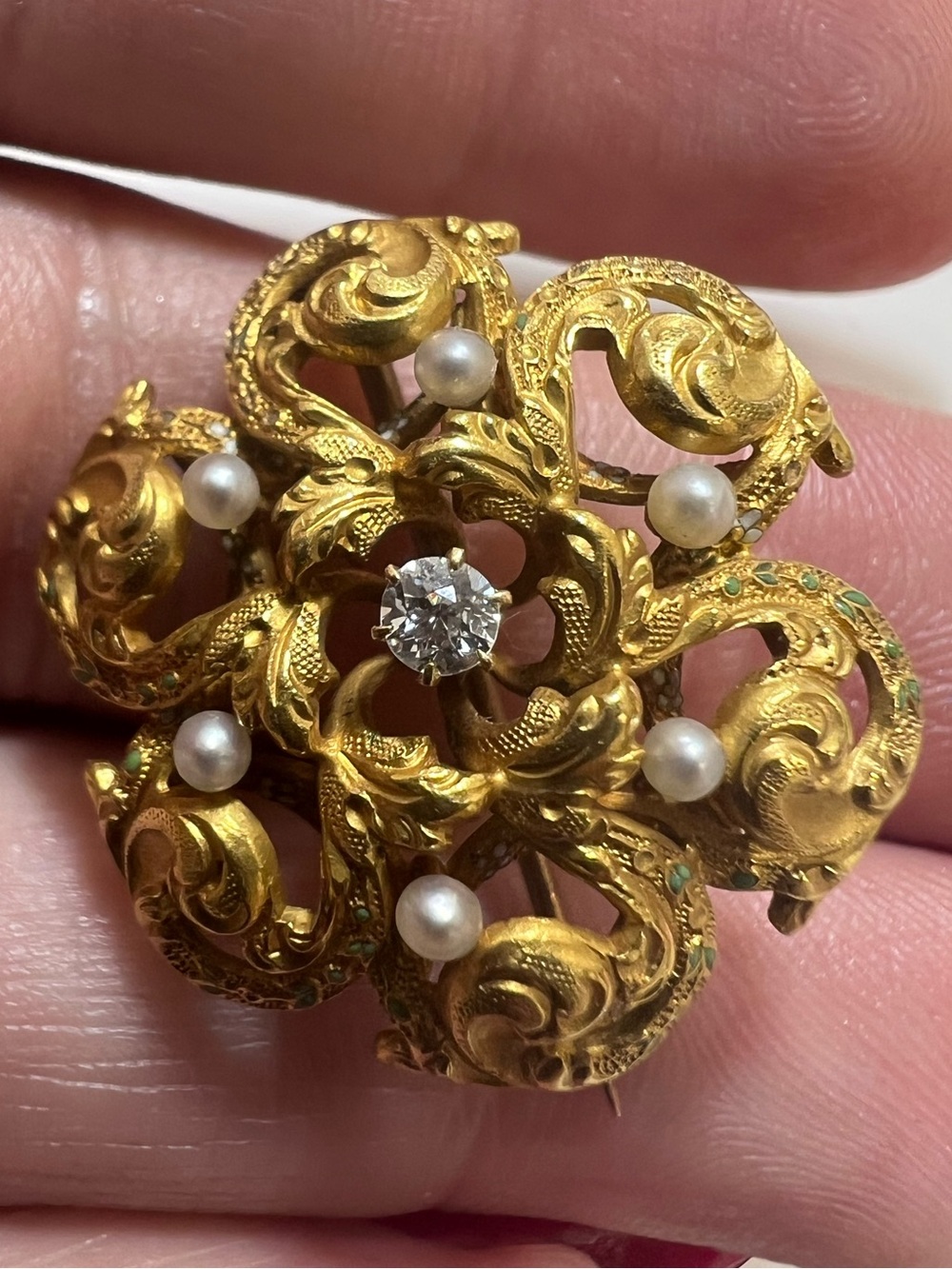 Antique Victorian 14k Yellow Gold Pearls and Diamond Floral Brooch Pendant